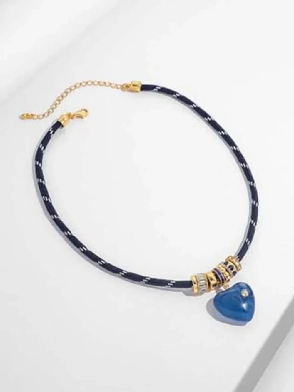 Black Woven Cord Choker Navy Blue Heart Pendant Boho Necklace for Women